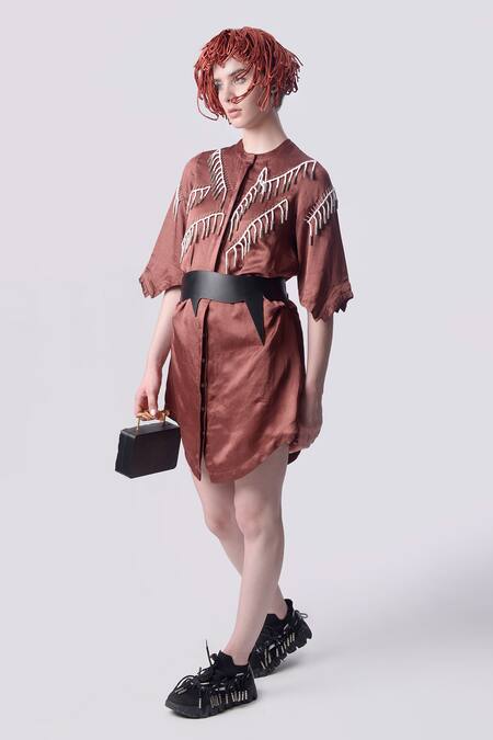 Nitin Bal Chauhan_Brown Linen Satin Embellished Cord Round 3d Tassel Shirt Dress _Online_at_Aza_Fashions