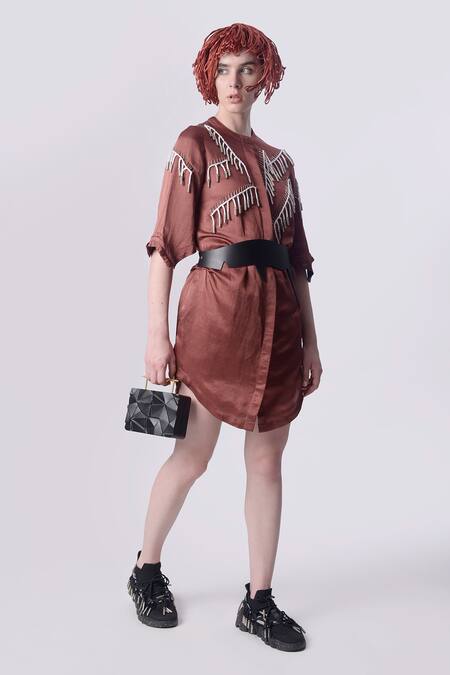 Buy_Nitin Bal Chauhan_Brown Linen Satin Embellished Cord Round 3d Tassel Shirt Dress _Online_at_Aza_Fashions