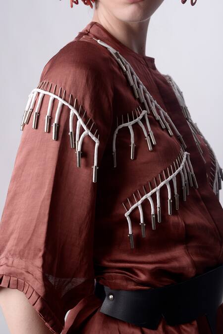 Shop_Nitin Bal Chauhan_Brown Linen Satin Embellished Cord Round 3d Tassel Shirt Dress _Online_at_Aza_Fashions