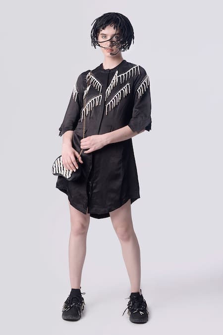 Nitin Bal Chauhan Edge Black Linen Satin Embellished Cord Round Tassel Shirt Dress 