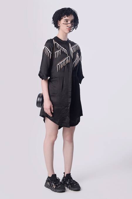 Nitin Bal Chauhan_Black Linen Satin Embellished Cord Round Tassel Shirt Dress _Online_at_Aza_Fashions