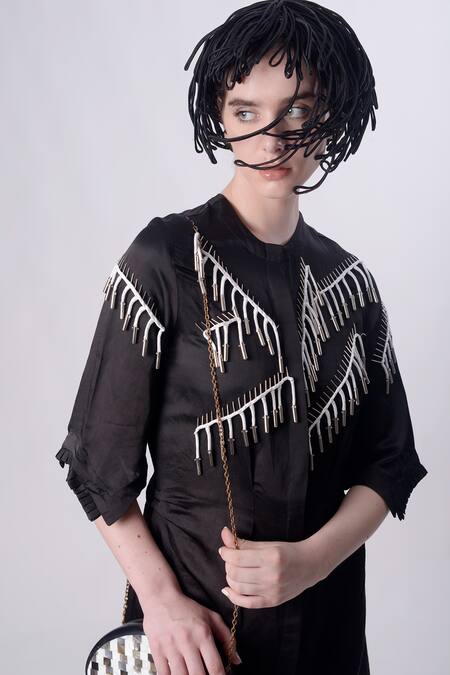 Shop_Nitin Bal Chauhan_Black Linen Satin Embellished Cord Round Tassel Shirt Dress _Online_at_Aza_Fashions