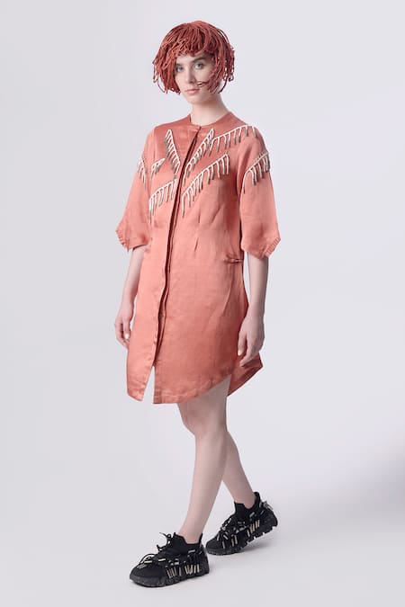 Nitin Bal Chauhan Edge Peach Linen Satin Embellished Cord Round Tassel Shirt Dress 