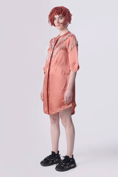 Nitin Bal Chauhan_Peach Linen Satin Embellished Cord Round Tassel Shirt Dress _Online_at_Aza_Fashions