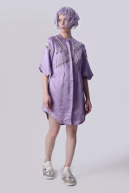 Nitin Bal Chauhan Edge Purple Linen Satin Embellished Cord Round Tasselled 3d Shirt Dress 