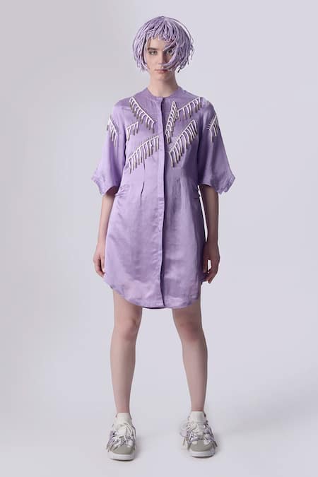 Nitin Bal Chauhan_Purple Linen Satin Embellished Cord Round Tasselled 3d Shirt Dress _Online_at_Aza_Fashions
