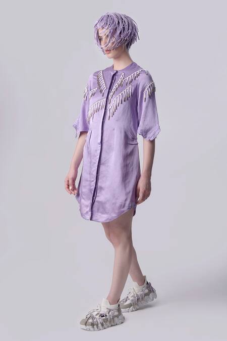 Buy_Nitin Bal Chauhan_Purple Linen Satin Embellished Cord Round Tasselled 3d Shirt Dress _Online_at_Aza_Fashions