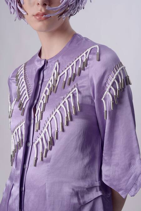 Shop_Nitin Bal Chauhan_Purple Linen Satin Embellished Cord Round Tasselled 3d Shirt Dress _Online_at_Aza_Fashions
