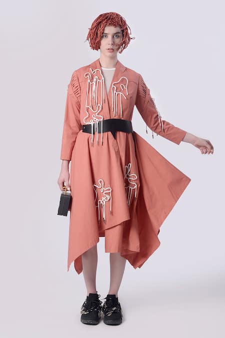 Nitin Bal Chauhan Edge Peach Linen Satin Embellished Cord Lapel Collar Floral 3d Assymetric Shacket 