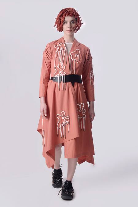 Nitin Bal Chauhan_Peach Linen Satin Embellished Cord Lapel Collar Floral 3d Assymetric Shacket _Online_at_Aza_Fashions