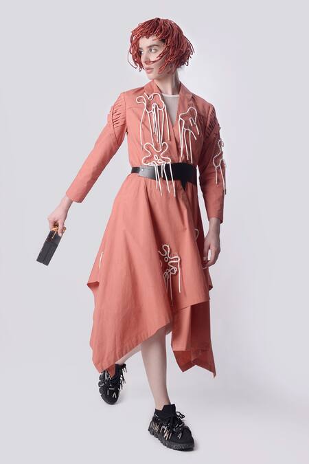 Buy_Nitin Bal Chauhan_Peach Linen Satin Embellished Cord Lapel Collar Floral 3d Assymetric Shacket _Online_at_Aza_Fashions