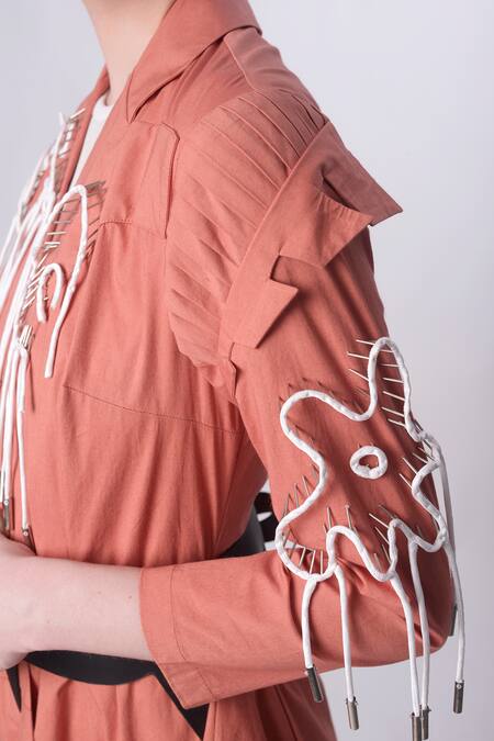 Shop_Nitin Bal Chauhan_Peach Linen Satin Embellished Cord Lapel Collar Floral 3d Assymetric Shacket _Online_at_Aza_Fashions