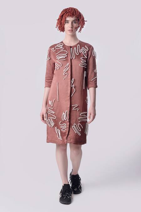 Nitin Bal Chauhan_Brown Linen Satin Embellished Cord Round 3d Scribble Pattern Shirt Dress _Online_at_Aza_Fashions