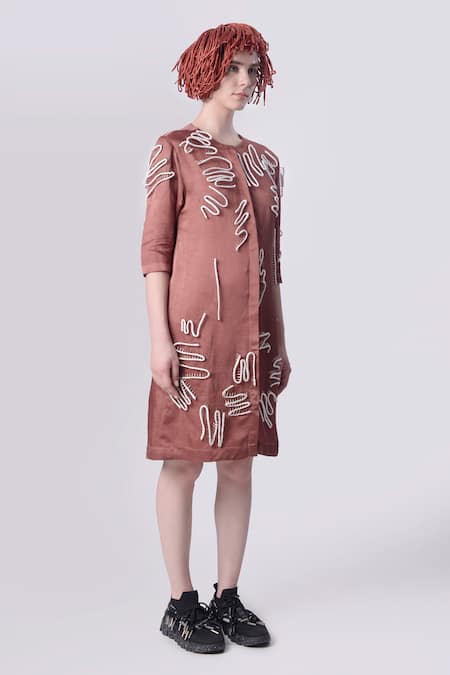 Buy_Nitin Bal Chauhan_Brown Linen Satin Embellished Cord Round 3d Scribble Pattern Shirt Dress _Online_at_Aza_Fashions