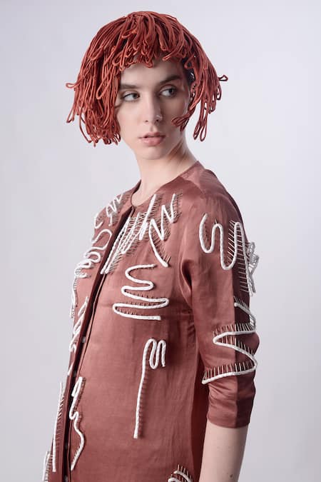 Shop_Nitin Bal Chauhan_Brown Linen Satin Embellished Cord Round 3d Scribble Pattern Shirt Dress _Online_at_Aza_Fashions