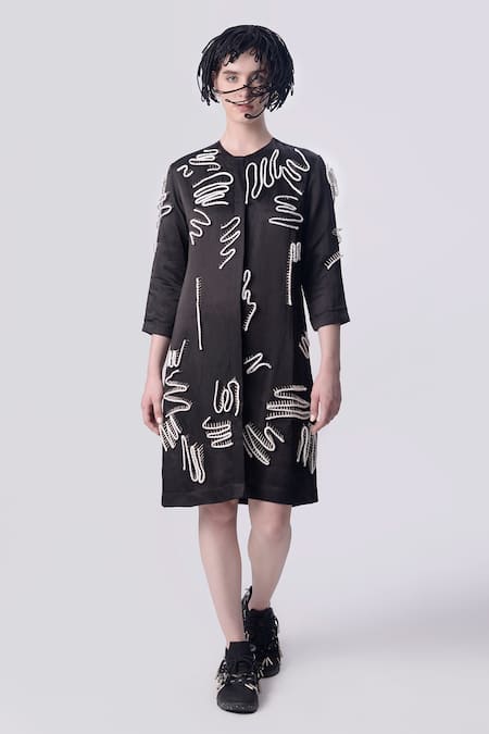 Nitin Bal Chauhan Edge Black Linen Satin Embellished Cord Round Scribble Pattern Shirt Dress 