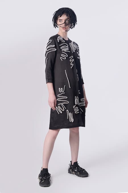 Nitin Bal Chauhan_Black Linen Satin Embellished Cord Round Scribble Pattern Shirt Dress _Online_at_Aza_Fashions