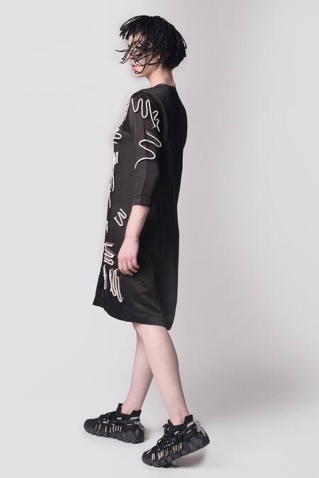 Buy_Nitin Bal Chauhan_Black Linen Satin Embellished Cord Round Scribble Pattern Shirt Dress _Online_at_Aza_Fashions