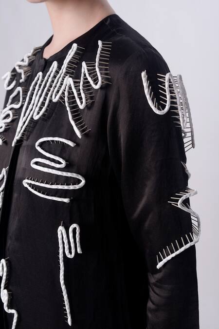 Shop_Nitin Bal Chauhan_Black Linen Satin Embellished Cord Round Scribble Pattern Shirt Dress _Online_at_Aza_Fashions