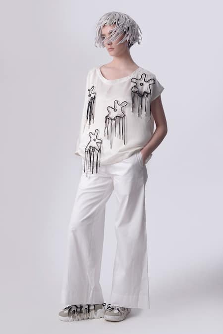 Nitin Bal Chauhan_White Linen Satin Embellished Cord Round Floral 3d Kaftan With Pant_Online_at_Aza_Fashions