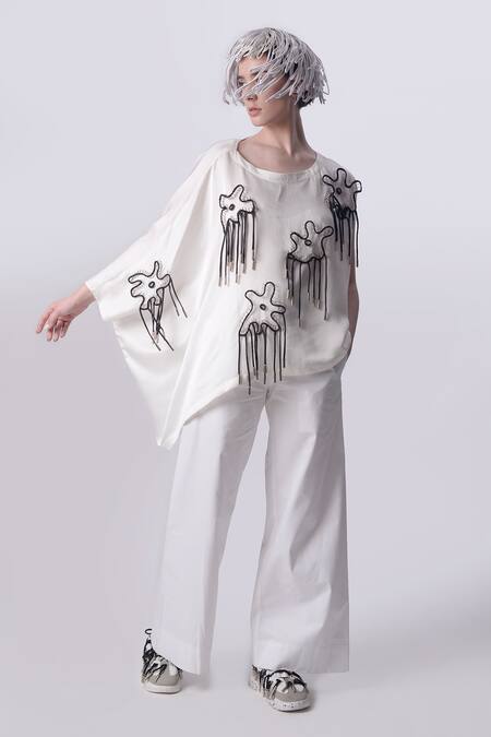 Buy_Nitin Bal Chauhan_White Linen Satin Embellished Cord Round Floral 3d Kaftan With Pant_Online_at_Aza_Fashions