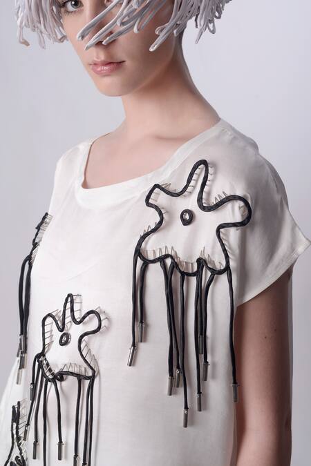 Shop_Nitin Bal Chauhan_White Linen Satin Embellished Cord Round Floral 3d Kaftan With Pant_Online_at_Aza_Fashions