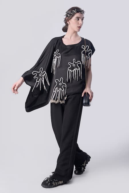 Nitin Bal Chauhan_Black Linen Satin Embellished Cord Round 3d Floral Kaftan With Pant _Online_at_Aza_Fashions