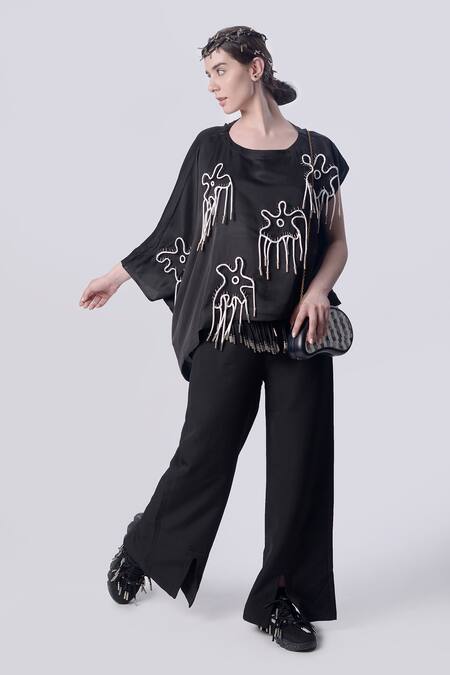 Buy_Nitin Bal Chauhan_Black Linen Satin Embellished Cord Round 3d Floral Kaftan With Pant _Online_at_Aza_Fashions