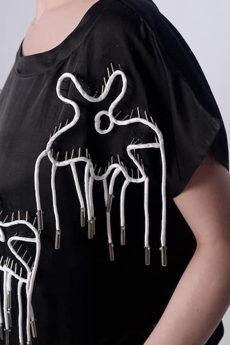 Shop_Nitin Bal Chauhan_Black Linen Satin Embellished Cord Round 3d Floral Kaftan With Pant _Online_at_Aza_Fashions