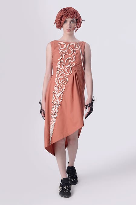 Nitin Bal Chauhan Edge Peach Egyptian Cotton Hand Embroidered 3d Chords Scoop Cord Asymmetric Dress 