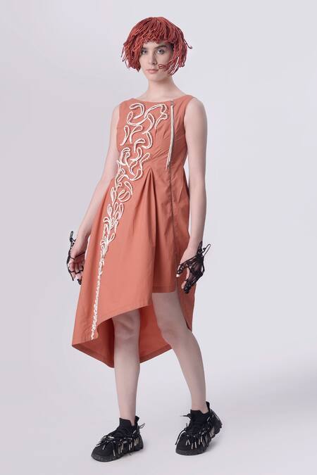 Nitin Bal Chauhan_Peach Egyptian Cotton Hand Embroidered 3d Chords Scoop Cord Asymmetric Dress _Online_at_Aza_Fashions