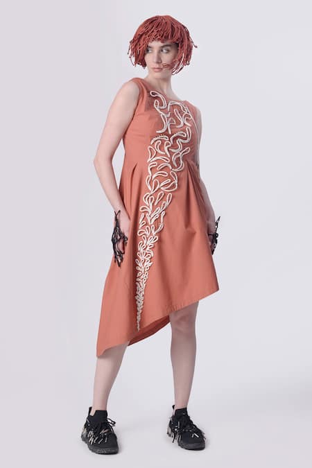 Buy_Nitin Bal Chauhan_Peach Egyptian Cotton Hand Embroidered 3d Chords Scoop Cord Asymmetric Dress _Online_at_Aza_Fashions
