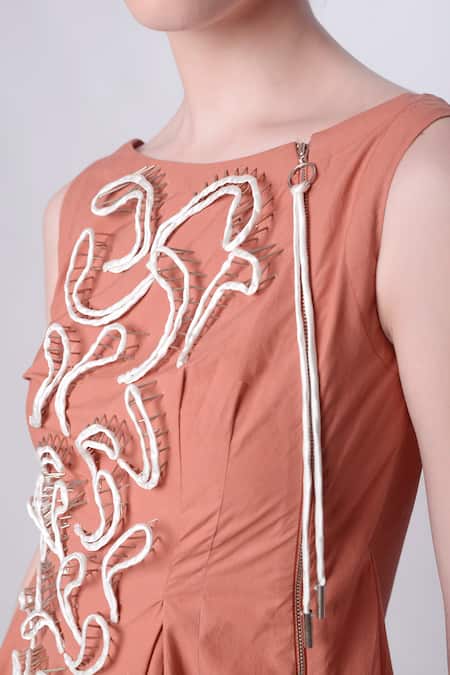 Shop_Nitin Bal Chauhan_Peach Egyptian Cotton Hand Embroidered 3d Chords Scoop Cord Asymmetric Dress _Online_at_Aza_Fashions