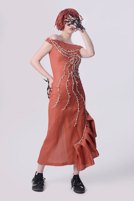 Buy_Nitin Bal Chauhan_Peach Scooba (100% Polyester) Hand Embroidered 3d Chords Off Cord Dress _Online_at_Aza_Fashions