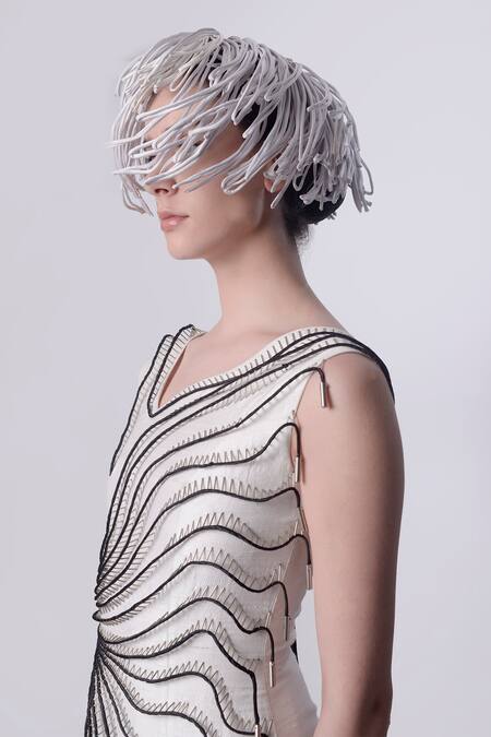 Buy_Nitin Bal Chauhan_White Dupion Silk Hand Embroidered 3d Chords Asymmetric Dress _Online_at_Aza_Fashions