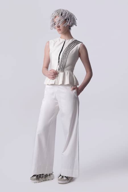 Nitin Bal Chauhan Edge White Dupion Silk Hand Embroidered 3d Chords Closed Round Peplum Top With Pant 