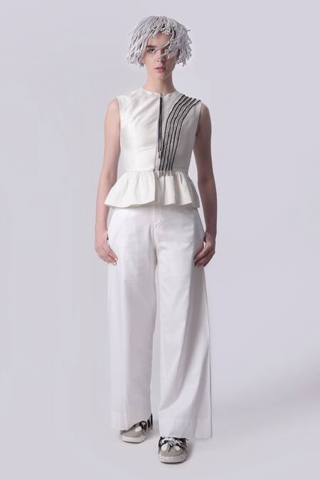 Nitin Bal Chauhan_White Dupion Silk Hand Embroidered 3d Chords Closed Round Peplum Top With Pant _Online_at_Aza_Fashions