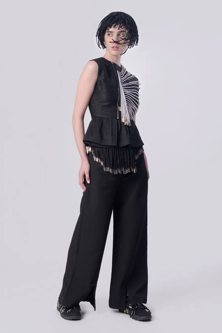 Nitin Bal Chauhan_Black Dupion Silk Hand Embroidered 3d Chords Round Cord Peplum Top _Online_at_Aza_Fashions