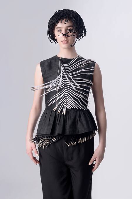 Shop_Nitin Bal Chauhan_Black Dupion Silk Hand Embroidered 3d Chords Round Cord Peplum Top _Online_at_Aza_Fashions