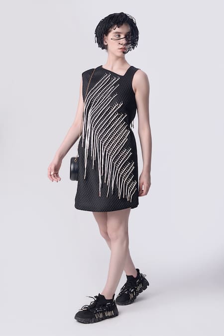 Nitin Bal Chauhan_Black Scooba (100% Polyester) Hand Embroidered 3d Chords Asymmetric A-line Dress _Online_at_Aza_Fashions