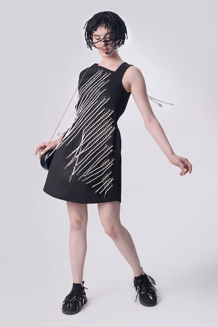 Buy_Nitin Bal Chauhan_Black Scooba (100% Polyester) Hand Embroidered 3d Chords Asymmetric A-line Dress _Online_at_Aza_Fashions