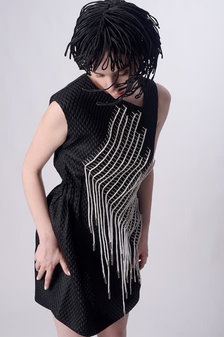 Shop_Nitin Bal Chauhan_Black Scooba (100% Polyester) Hand Embroidered 3d Chords Asymmetric A-line Dress _Online_at_Aza_Fashions