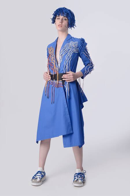 Nitin Bal Chauhan_Blue Egyptian Cotton Hand Embroidered 3d Chords Lapel Handkerchief Dress _Online_at_Aza_Fashions