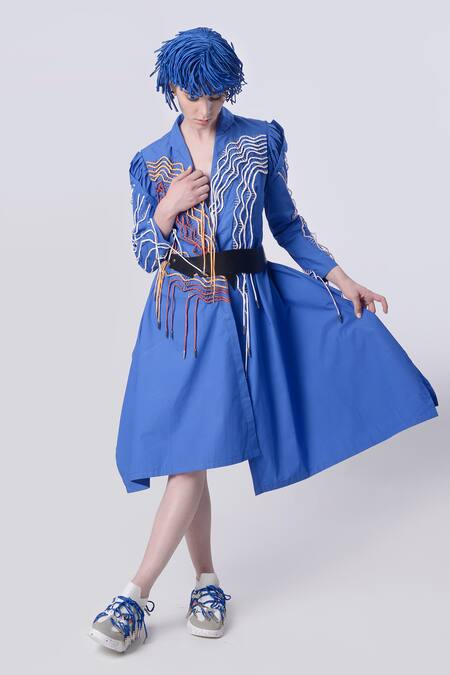 Buy_Nitin Bal Chauhan_Blue Egyptian Cotton Hand Embroidered 3d Chords Lapel Handkerchief Dress _Online_at_Aza_Fashions