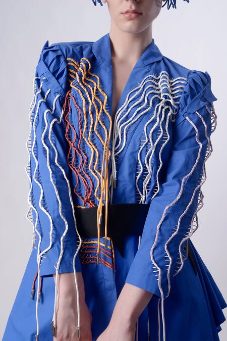Nitin Bal Chauhan_Blue Egyptian Cotton Hand Embroidered 3d Chords Lapel Handkerchief Dress _at_Aza_Fashions