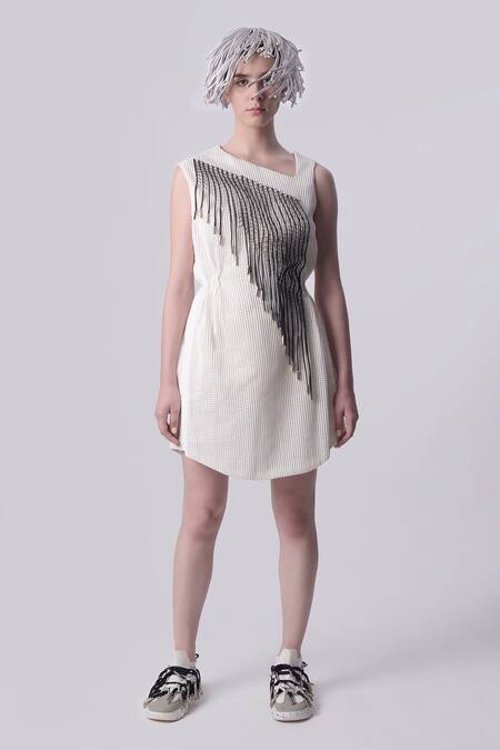 Nitin Bal Chauhan_White Scooba (100% Polyester) Hand Embroidered 3d Chords Asymmetric A-line Dress _Online_at_Aza_Fashions