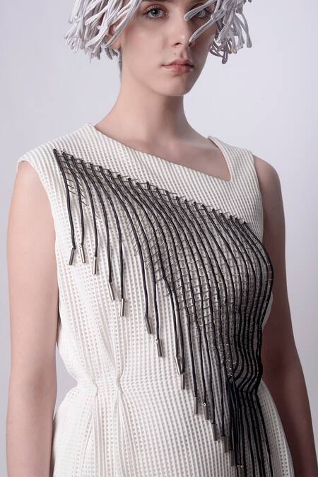 Buy_Nitin Bal Chauhan_White Scooba (100% Polyester) Hand Embroidered 3d Chords Asymmetric A-line Dress _Online_at_Aza_Fashions