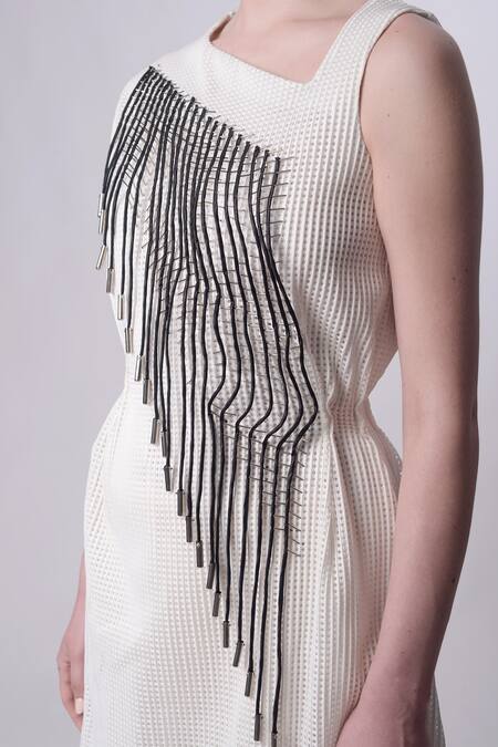 Shop_Nitin Bal Chauhan_White Scooba (100% Polyester) Hand Embroidered 3d Chords Asymmetric A-line Dress _Online_at_Aza_Fashions