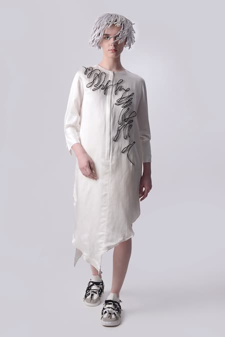 Nitin Bal Chauhan Edge White Linen Satin Hand Embroidered 3d Chords Closed Round Asymmetric Shirt Dress 