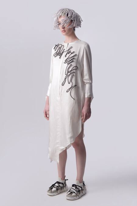 Nitin Bal Chauhan_White Linen Satin Hand Embroidered 3d Chords Closed Round Asymmetric Shirt Dress _Online_at_Aza_Fashions